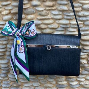Salvatore Ferragamo Steel Grey/Blue Fabric Shoulder Bag Silver Chrome Hardware V